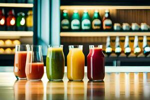 five different juices are lined up on a counter. AI-Generated photo