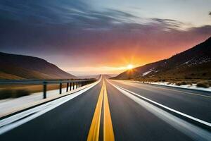 a road with the sun setting in the distance. AI-Generated photo