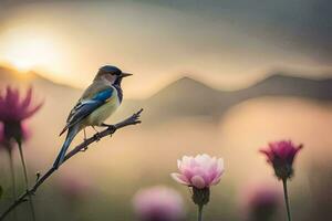 a bird sits on a branch in front of pink flowers. AI-Generated photo