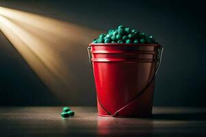 a red bucket filled with green pills. AI-Generated photo