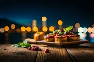 food on a plate with city lights in the background. AI-Generated photo