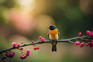 a bird sits on a branch with pink flowers. AI-Generated photo