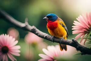 a colorful bird sits on a branch with pink flowers. AI-Generated photo