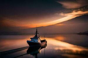un barco es atracado a puesta de sol en el agua. generado por ai foto