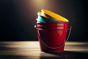 a red bucket with three colorful buckets on a wooden table. AI-Generated photo