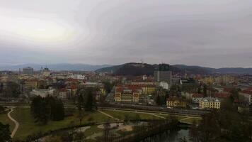 Ljubljana City Center on Cloudy Day. Slovenia, Europe. Aerial View. Drone Flies Upwards video