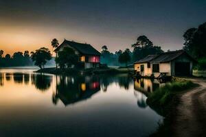 a house sits on the edge of a lake at sunrise. AI-Generated photo