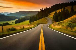 un la carretera en el montañas con un puesta de sol. generado por ai foto