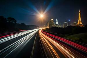 un largo exposición fotografía de tráfico en un autopista a noche. generado por ai foto