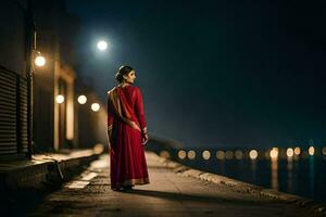 un mujer en un rojo sari soportes en el calle a noche. generado por ai foto