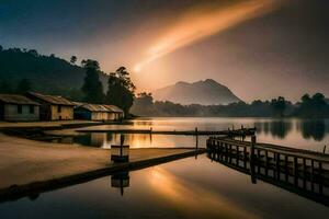 a lake with a dock and houses at sunset. AI-Generated photo