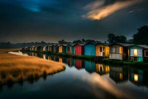 a row of colorful houses on the water. AI-Generated photo