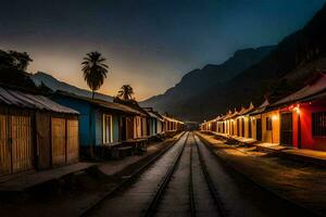 a train tracks in the middle of a village at night. AI-Generated photo