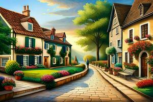 a painting of a street with flowers and houses. AI-Generated photo