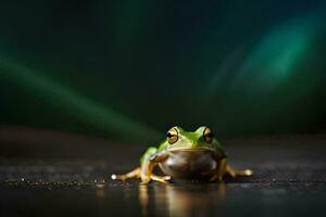 a frog sitting on the ground with a green light behind it. AI-Generated photo