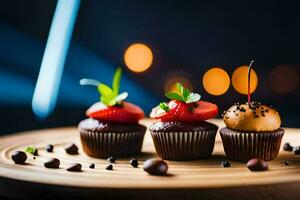 three chocolate cupcakes with strawberries and chocolate chips. AI-Generated photo