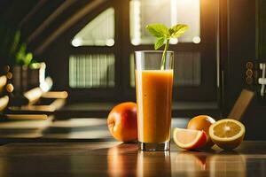 un naranja jugo con un rebanada de naranja y un menta hoja. generado por ai foto