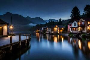 houses on the water at night in the mountains. AI-Generated photo