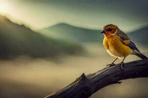 a bird sits on a branch in front of a mountain. AI-Generated photo