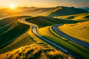 el la carretera a el puesta de sol. generado por ai foto