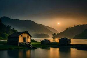 the sun rises over the lake and the mountains. AI-Generated photo