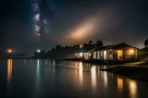 a boat house on the water at night with the milky in the sky. AI-Generated photo