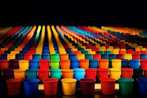 colorful cups are arranged in rows on a black background. AI-Generated photo