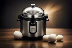 an electric pressure cooker with eggs on a table. AI-Generated photo