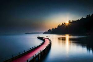 a long pier with a red path leading to the sun. AI-Generated photo