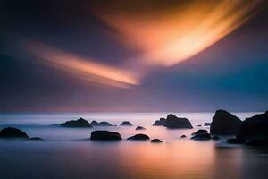 un largo exposición fotografía de rocas y agua a puesta de sol. generado por ai foto