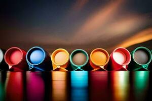 colorful cups lined up on a table with a dark background. AI-Generated photo