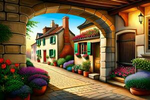 an illustration of a street with flowers and plants. AI-Generated photo