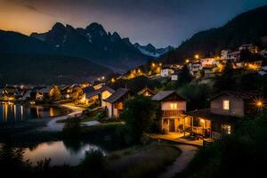 foto fondo de pantalla el cielo, montañas, lago, casas, luces, el noche, el montañas,. generado por ai