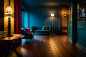 un azul habitación con un sofá y un lámpara. generado por ai foto
