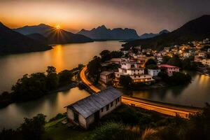 the sun sets over a village on the edge of a lake. AI-Generated photo