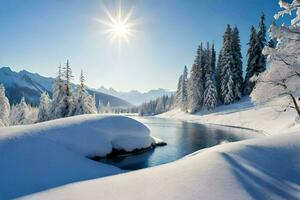 nieve cubierto arboles y un río en el montañas. generado por ai foto