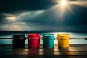 three colorful buckets sit on a wooden deck overlooking the ocean. AI-Generated photo