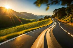 a car driving down a winding road at sunset. AI-Generated photo