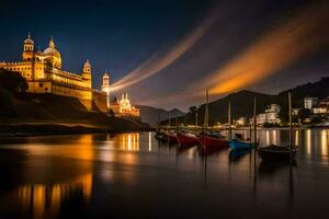 boats in the water at night with a castle in the background. AI-Generated photo