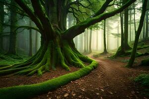 a green tree is surrounded by mossy ground. AI-Generated photo