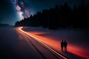 dos personas caminando a lo largo un la carretera a noche con el lechoso en el antecedentes. generado por ai foto