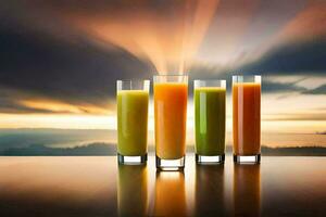 four glasses of juice on a table with a sunset in the background. AI-Generated photo