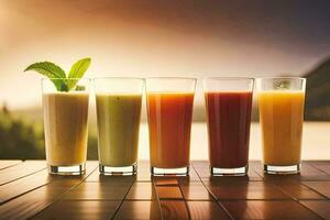 five different types of juices are lined up on a table. AI-Generated photo