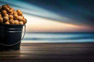 a bucket filled with nuts on a wooden table. AI-Generated photo