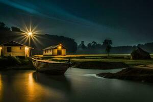 a boat sits on the shore at night. AI-Generated photo
