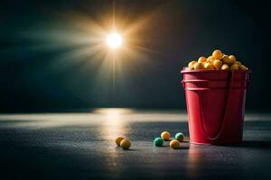 a bucket of yellow balls on a dark floor. AI-Generated photo