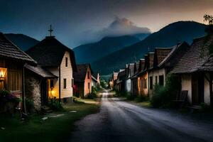 a road in the middle of a village at dusk. AI-Generated photo