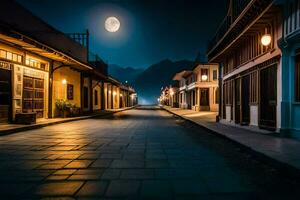 a street at night with a full moon. AI-Generated photo