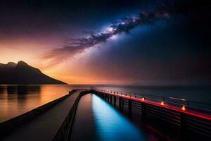 un largo exposición foto de un muelle a noche con el lechoso en el antecedentes. generado por ai