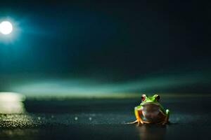 a frog sitting on the ground at night. AI-Generated photo